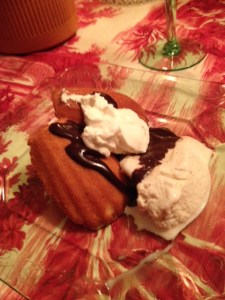 madelienes with gelato, dark chocolate sauce and whipped cream